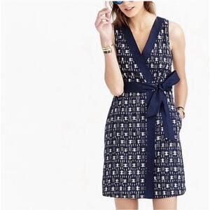 J Crew Womens Ikat Wrap Dress Size 10 Dark Blue Faux Wrap V Neck Sleeveless